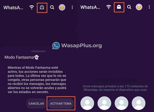 como activar el modo fantasma en whatsapp plus