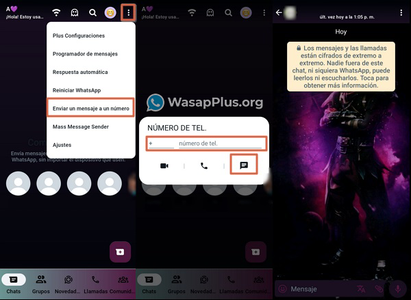pasos para enviar un mensaje a un numero en whatsapp plus paso 3