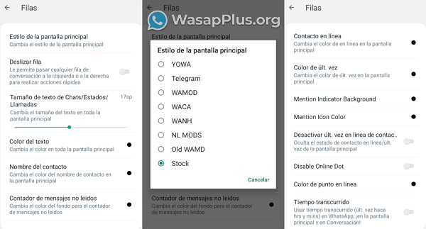 ajustes disponibles de la función filas de whatsapp plus