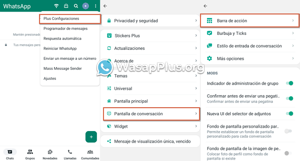 como acceder a la barra de accion de whatsapp plus paso 3