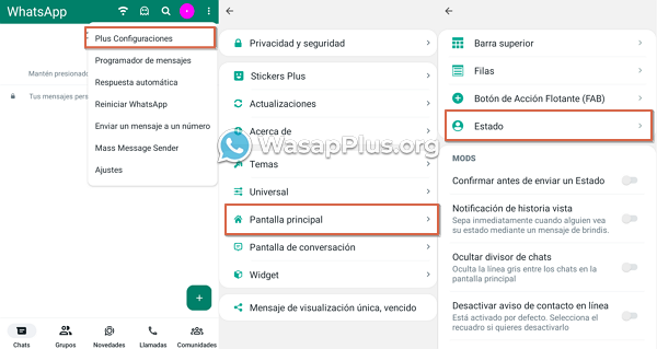 como configurar los estados de whatsapp plus paso 4