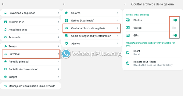 como ocultar archivos de galeria de whatsapp plus paso 5