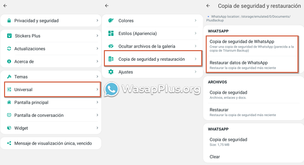 como usar la seccion copia de seguridad y restaurar de whatsapp plus paso 5