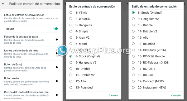 opciones de personalizacion para el estilo de entrada de conversacion de whatsapp plus